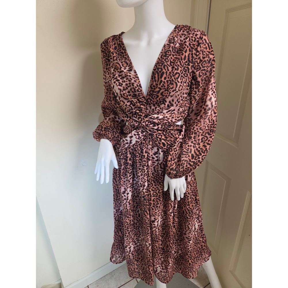 Ranna Gill Leopard Print Cutout Twist Front Midi Dress Brown Black Small